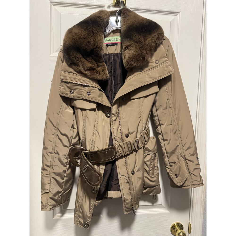Jessica Wilde Beige Women’s Jacket With Fur Collar Size Small